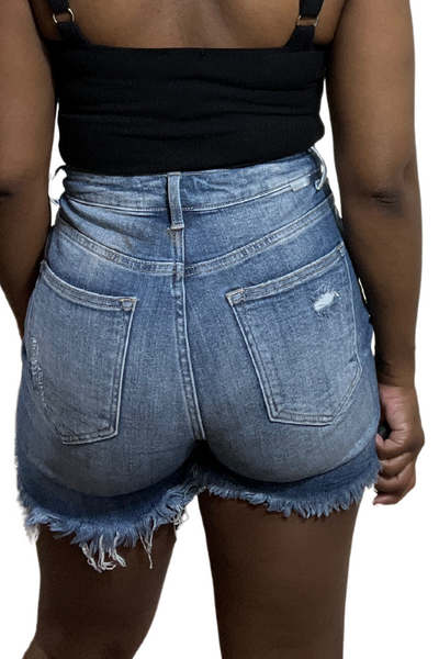 High Rise Distressed Mid Thigh Shorts