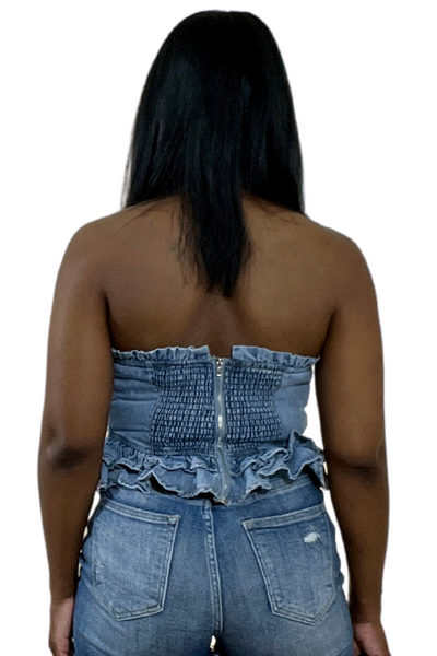 Strapless Denim Bustier Ruffle Hem Peplum Top