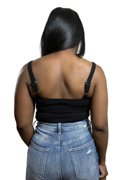 Black Sleeveless Adjustable Strap Bra Cup Knitted Bodysuit